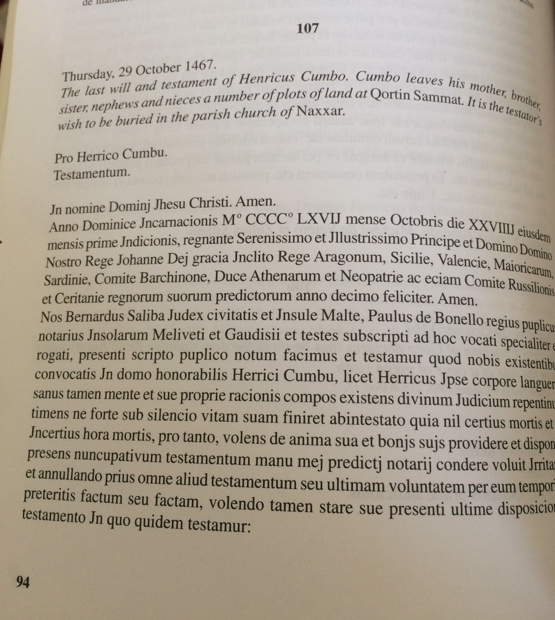 Will of CUMBO Errigo in Documentary Sources of Maltese History by Stanley FIORINI