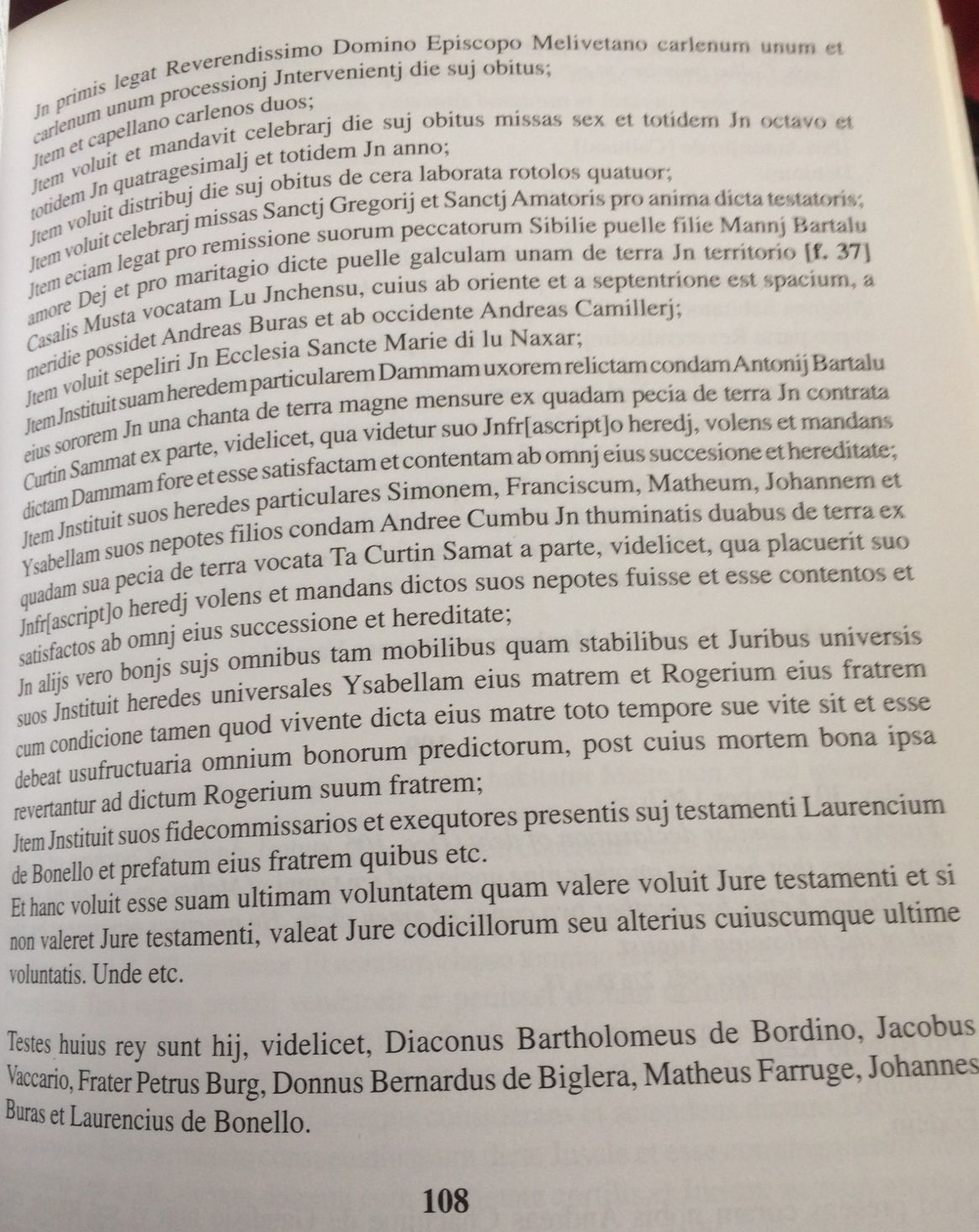 Will of CUMBO Errigo in Documentary Sources of Maltese History by Stanley FIORINI